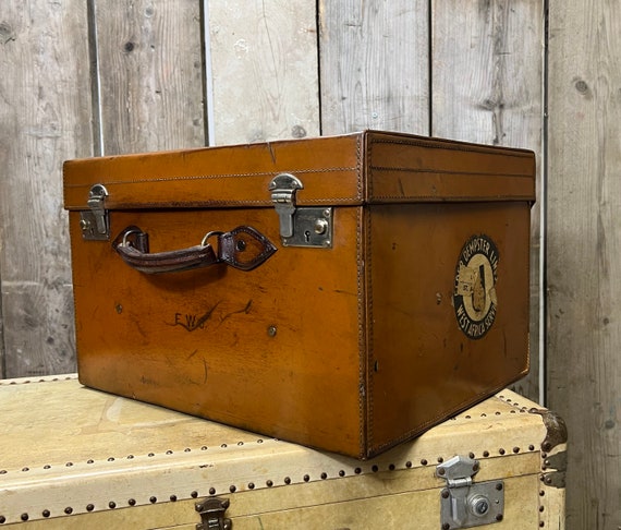 Antique English Luxury Leather Hatbox Suitcase, S… - image 1