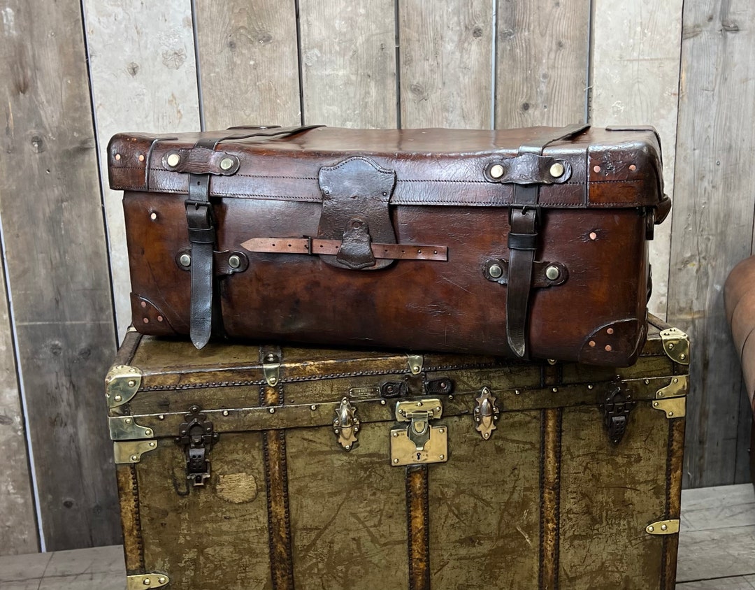 Victorian Solid Leather Travel Trunk Antique Luggage With Tray Etsy