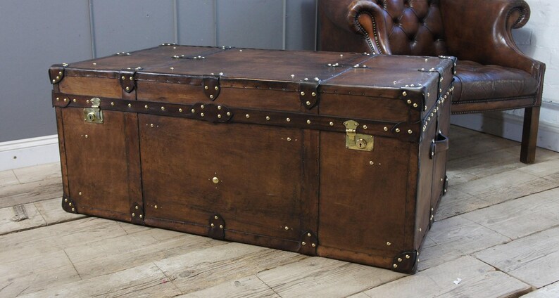 Heirloom Leather Trunk Coffee Table English Artisan Vegetable Tan Storage Chest Bild 13