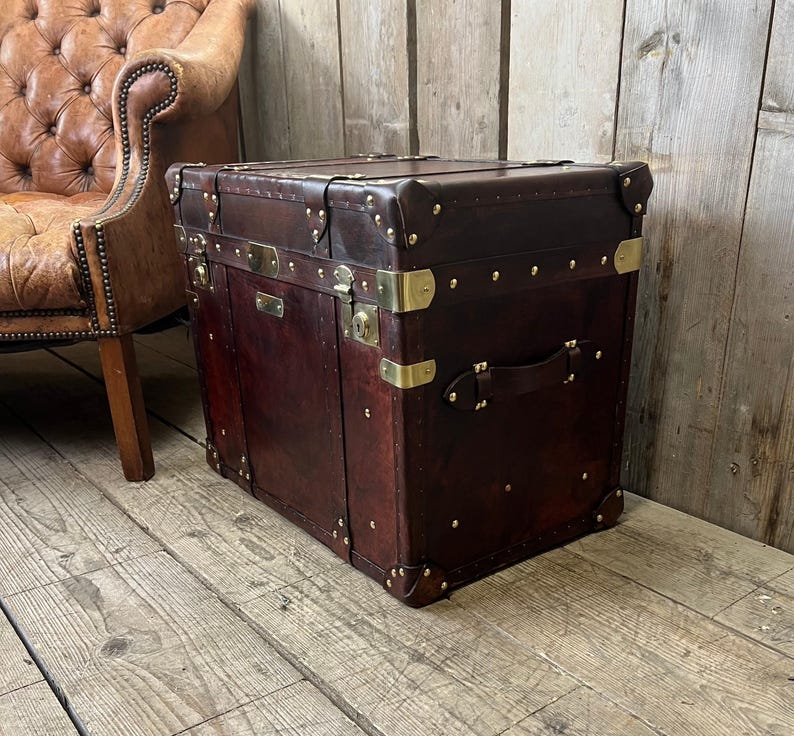 luxury handcrafted English leather console trunk