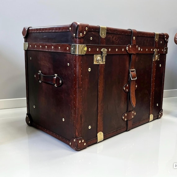 Hand-Dyed Leather Steamer Trunk | Brass Fittings, Straps | Crafted England Storage Chest