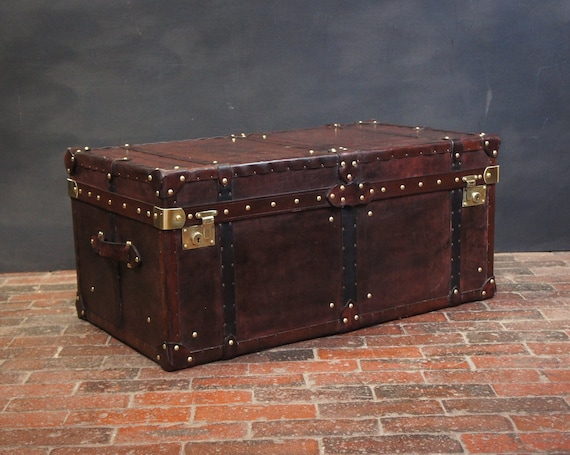 Antique Handmade English Tan Leather Coffee Chest Coffee Table