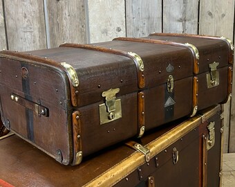 イギリス製　ビンテージトランク アンティークトランク - イギリス製バンド付き旅行用トランク - 高級