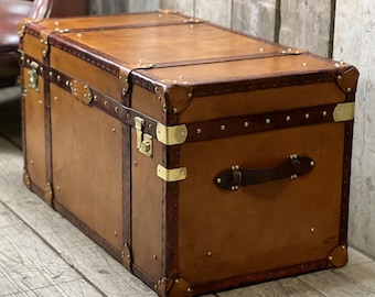 Handmade Leather Trunk Coffee Table | Solid Wood Storage Chest, Brass Fittings, English Antique Style