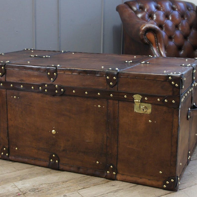 Heirloom Leather Trunk Coffee Table English Artisan Vegetable Tan Storage Chest Bild 6