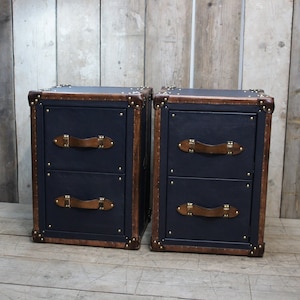 Pebble Blue & Tan Bridle Leather Luxury Night Stands Bedroom Furniture Side Tables Made In Nottingham England