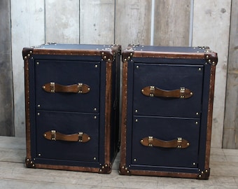 Pebble Blue & Tan Bridle Leather Luxury Night Stands Bedroom Furniture Side Tables Made In Nottingham England