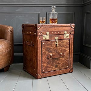 Side Table - Medium Brown Hand Dyed Leather Chest - Bespoke Lift Lid Drawer