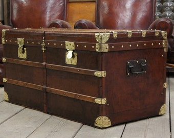 Antique Brass Bound Leather Travel Trunk. Antique Luxury Luggage