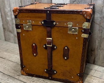 Belted English tan leather trunk: custom made accent table