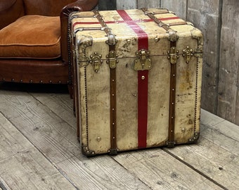 Antique Vellum Trunk , Travel Case , End Table , Rare Luggage