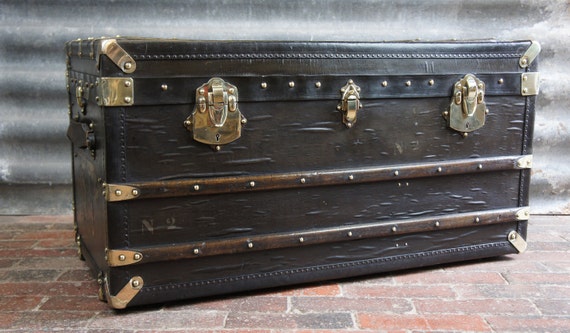 Beautiful Black Brass Antique Steamer Trunk With Key And Etsy
