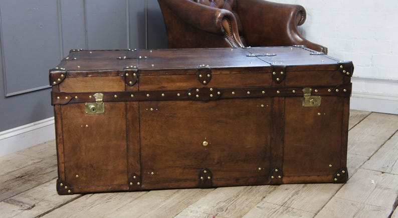 Heirloom Leather Trunk Coffee Table English Artisan Vegetable Tan Storage Chest Bild 11