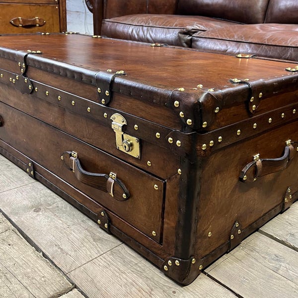 English Leather Coffee Table - Hand Dyed Chestnut Brown - Bespoke Living Room Storage