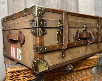 Amazing 1920s Leather Canvas & Brass Cabin Trunk 2 Keys