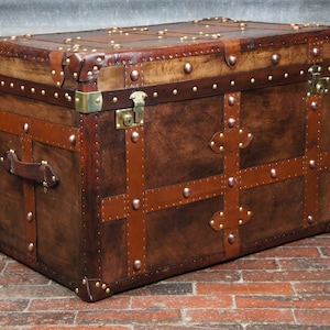 Antique Inspired English Leather Steamer Trunk Interior Coffee Table End Table