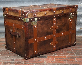 Antique Inspired English Leather Steamer Trunk Interior Coffee Table End Table