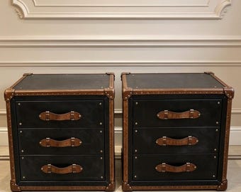 Zwartleren nachtkastjes - luxe handgemaakt Engels paar - bruine afwerking - nachtkastjes