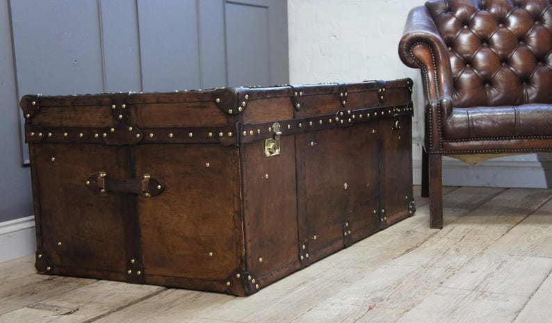 Heirloom Leather Trunk Coffee Table English Artisan Vegetable Tan Storage Chest Bild 7