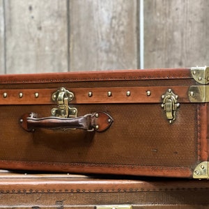 Large French Brass Bound Canvas & Leather Travel Suitcase Trunk Chest Luggage