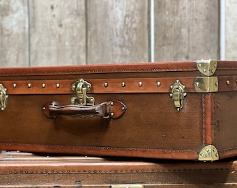 Large French Brass Bound Canvas & Leather Travel Suitcase Trunk Chest Luggage