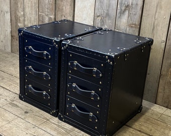 Handcrafted Dark Navy Blue Luxury Bedside Leather Nightstands