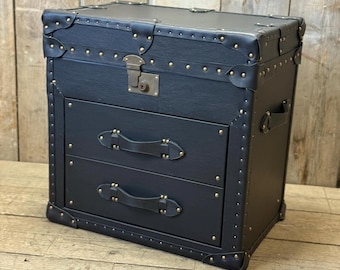 Black Leather 2 Draw Accent Trunk End Table