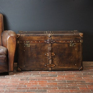 Handmade handcrafted luxury belted coffee table trunk