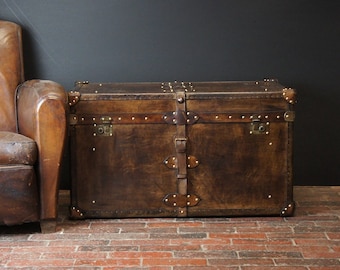 Handmade handcrafted luxury belted coffee table trunk