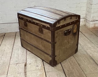 Antique Woven Fabric Steamer Trunk, Travel Chest , Room Decor , Home Interiors
