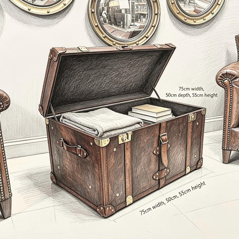 scetch drawing of dimensions and trunk design we build to luxury hand crafted piece