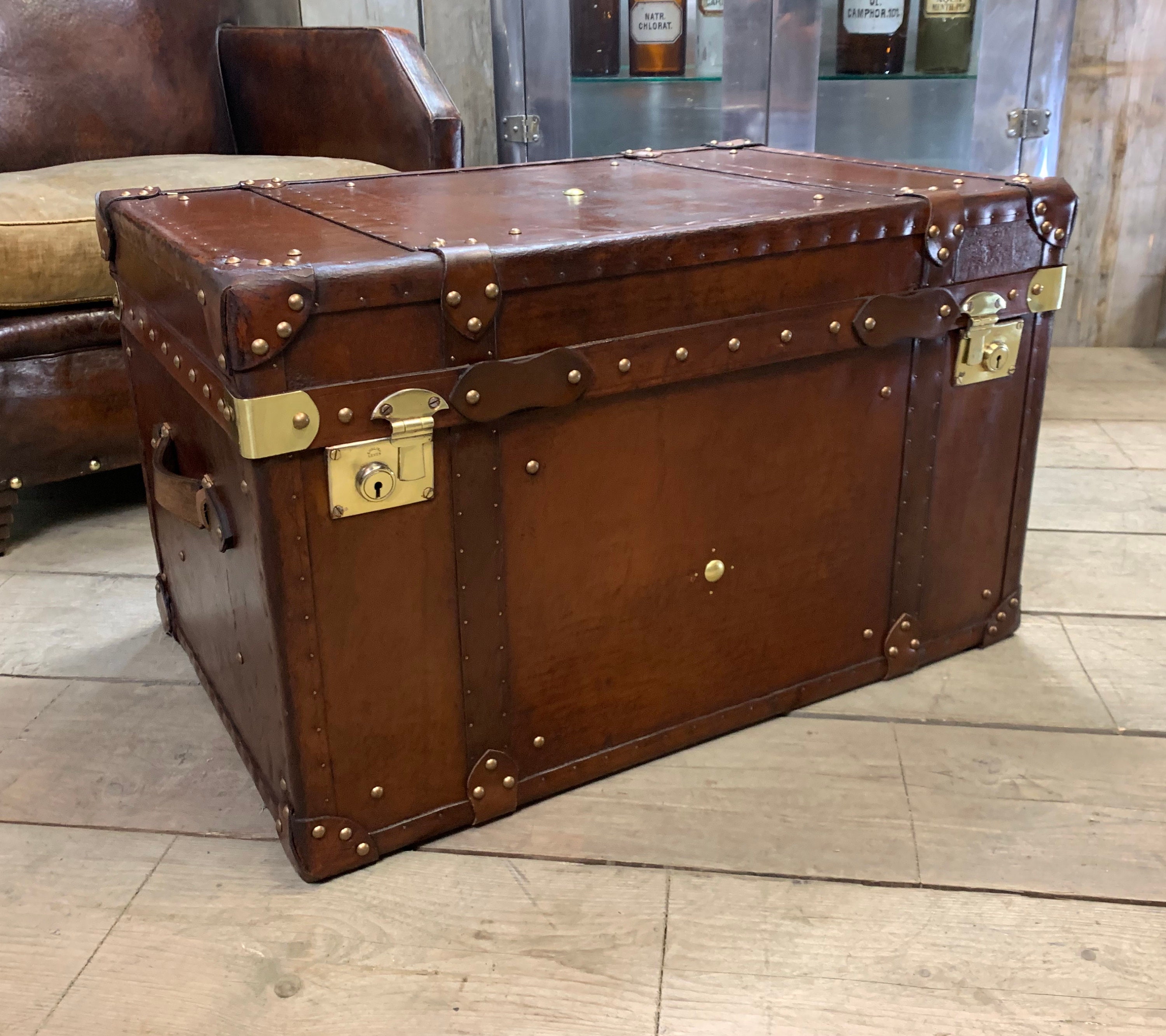 Victorian Leather Elm & Canvas Steamer Trunk Chest Coffee Table