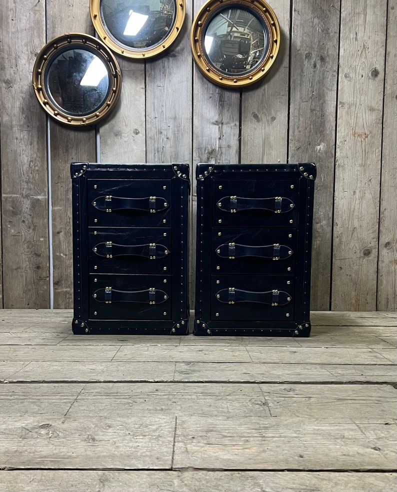 Handcrafted Dark Navy Blue Luxury Bedside Leather Nightstands zdjęcie 2