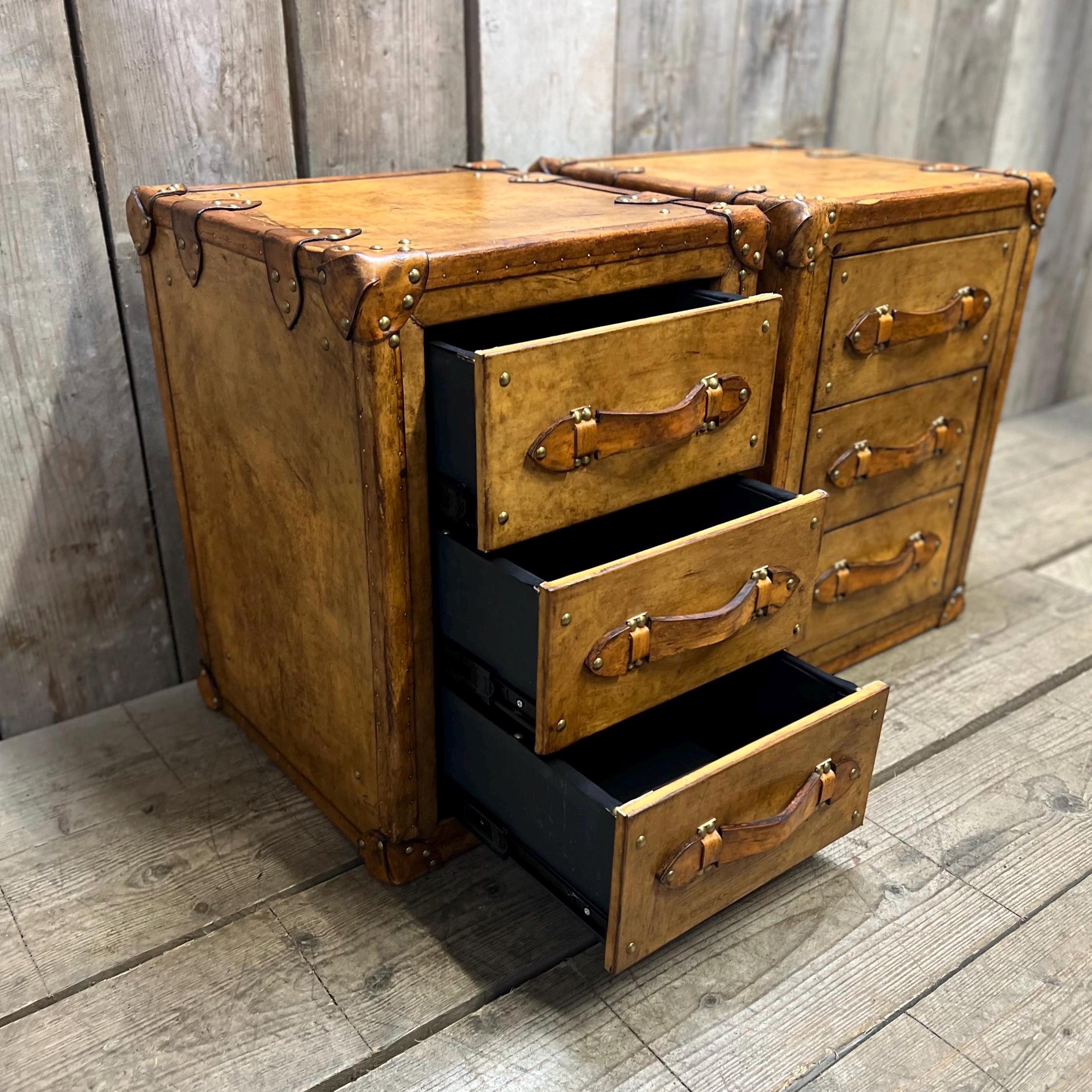 Hand Dyed Bridle Leather Bedside Draw Cabinets: Bespoke Trunk Style