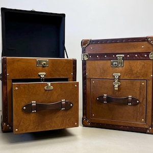 English leather trunk | Pair of Tan Leather Side Table Trunks | Home Decor