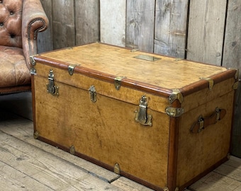 Antique steamer trunk in two tone leather - unique home decor