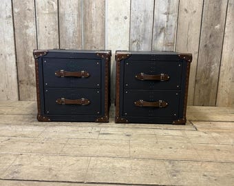 Black leather brown trimmed bedside tables