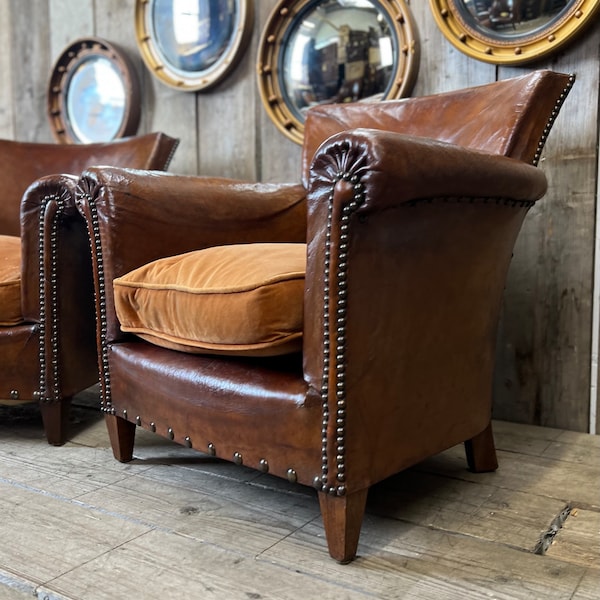 1920s Luxury Tan Leather Club Chairs, Reading Chairs