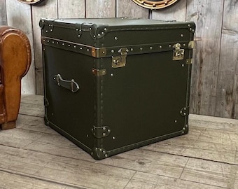 Luxury Olive Leather Trunk Side Table | Brass Fittings, Handmade Storage Trunk