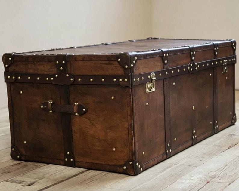 Storage Chest Coffee Table Leather Trunk Living Room Furniture Handmade English Artisan Vegetable Tan Brown Finish Heirloom Quality Piece Large Capacity Design Bedroom Ottoman Brass Hardware Details Unique Character Hand Dyed Chestnut Warm