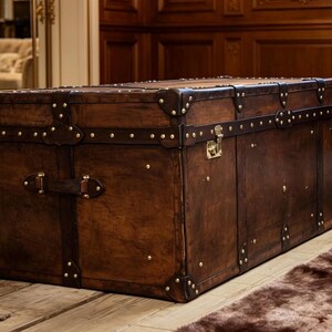 Wedding Gift Luxury Furniture Heirloom Leather Trunk Coffee Table Storage Chest Handmade English Artisan Vegetable Tan Brown Finish Living Room Centerpiece Bedroom Ottoman Large Design Brass Hardware Accents Hand Dyed Unique Character Warm