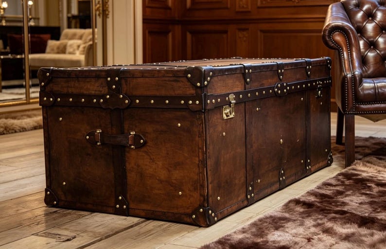 Wedding Gift Luxury Furniture Heirloom Leather Trunk Coffee Table Storage Chest Handmade English Artisan Vegetable Tan Brown Finish Living Room Centerpiece Bedroom Ottoman Large Design Brass Hardware Accents Hand Dyed Unique Character Warm