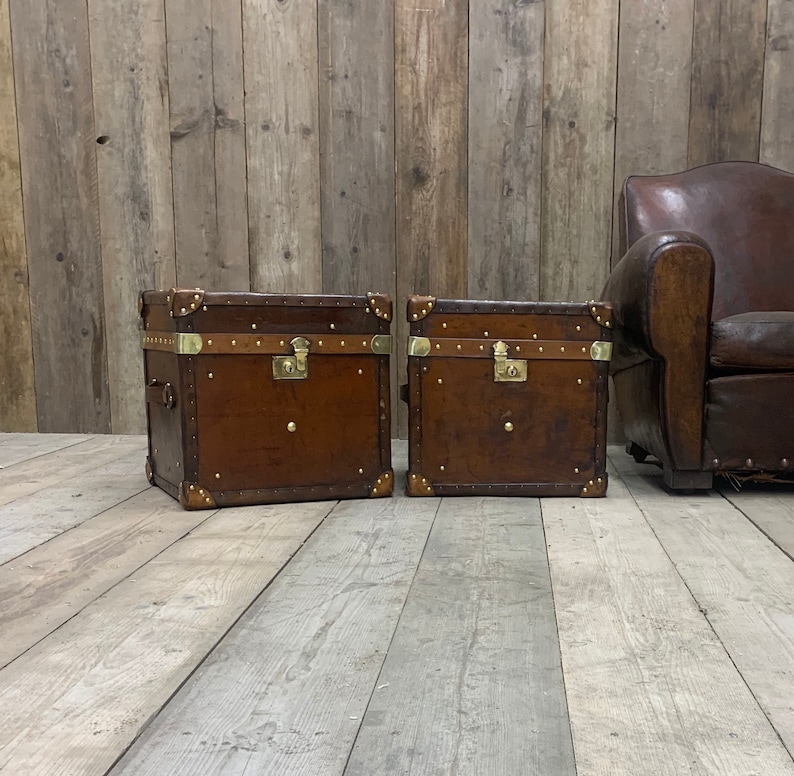 Antique Leather Matching Pair of Occasional Side Table Trunks image 1