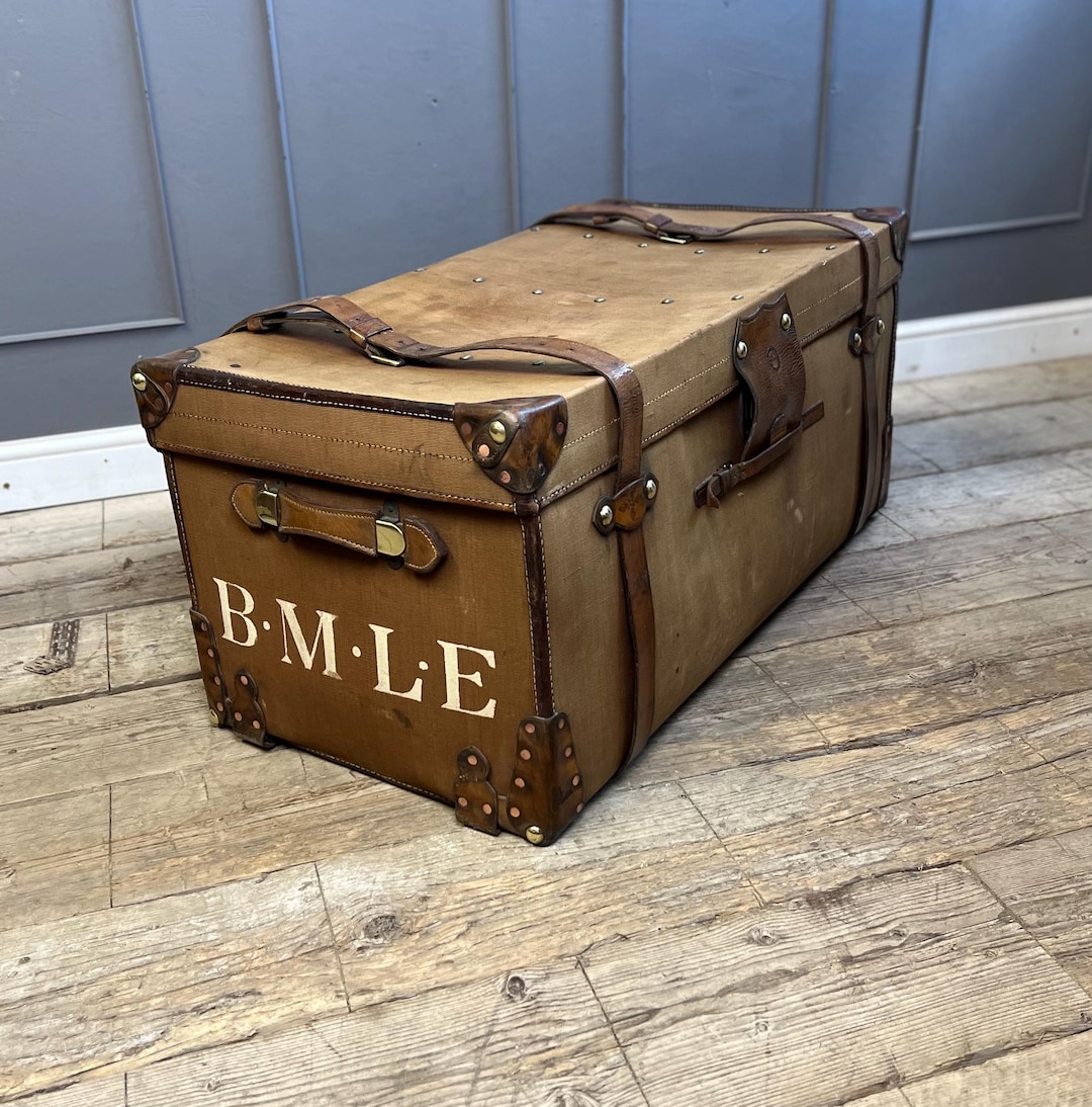 Antique English Tan Canvas Dark Leather Safari Military Trunk - Etsy