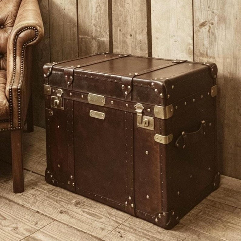 Handcrafted Storage Trunk Leather Chest Campaign Style Furniture Travel Inspired Design Premium Quality Construction English Craftsmanship Hand Dyed Bridle Leather Brass Fittings Console Table Side Furniture Living Room Bedroom Accent