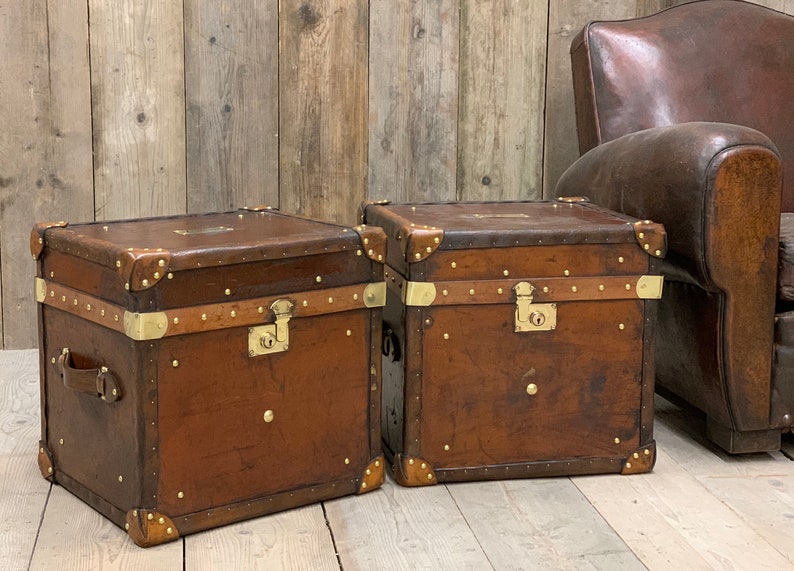 Antique Leather Matching Pair of Occasional Side Table Trunks image 6