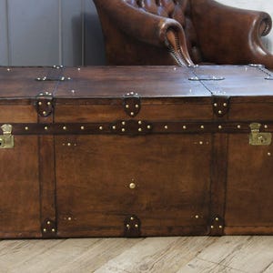 Heirloom Leather Trunk Coffee Table English Artisan Vegetable Tan Storage Chest Bild 9