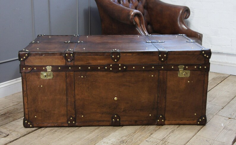 Heirloom Leather Trunk Coffee Table English Artisan Vegetable Tan Storage Chest Bild 9