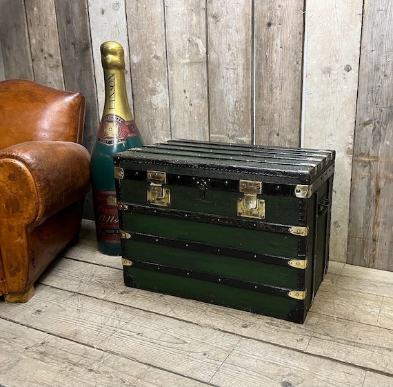 Antique Green French Steamer Trunk Bed End Blanket Box Coffee 