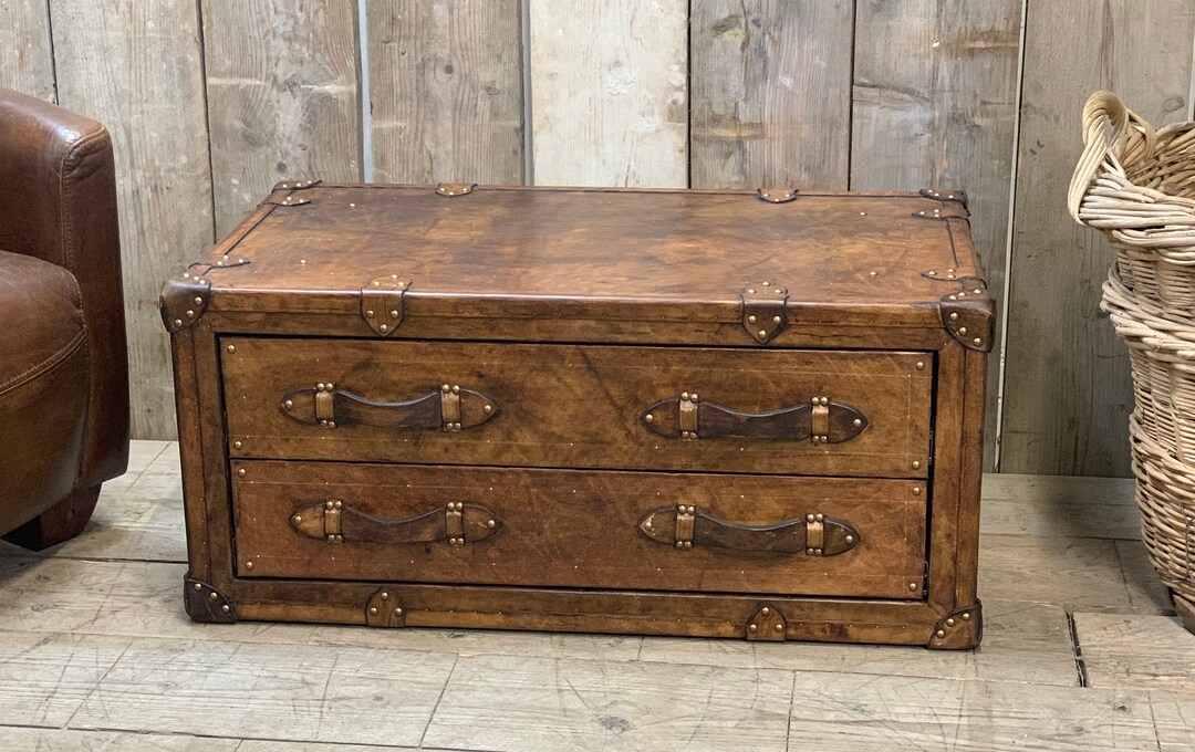 Luxury Coffee Table Trunk 2 Draw Room Decor Leather Table